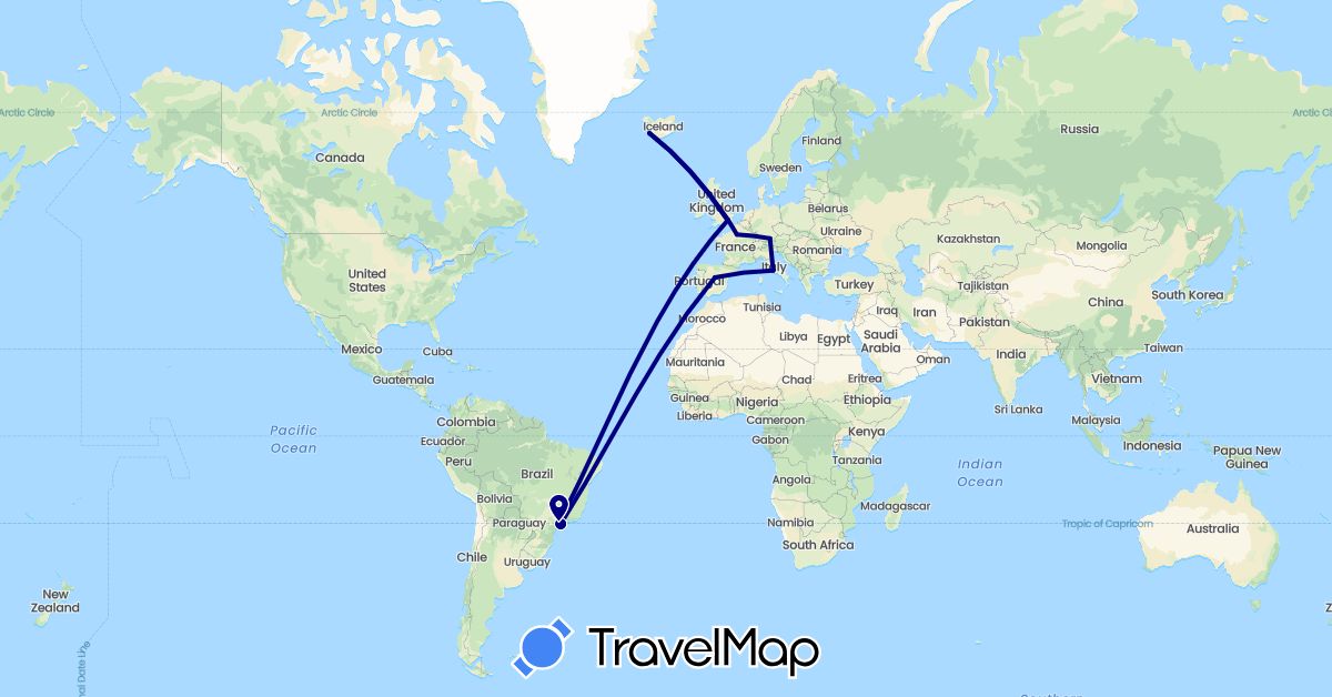 TravelMap itinerary: driving in Brazil, Germany, Spain, France, United Kingdom, Iceland, Italy (Europe, South America)